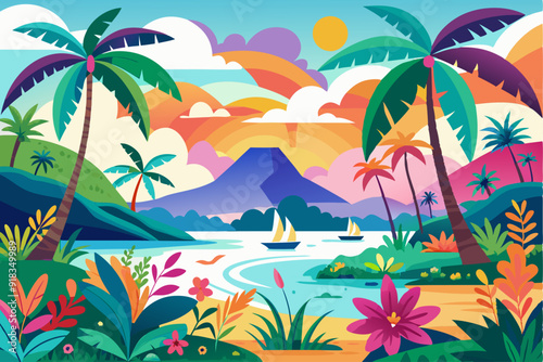 Tropical Island Scene with Palm Trees and Sailboats