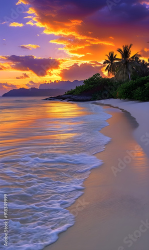 sunset over the sea,A beautiful tropical beach at sunset, with stunning orange and purple skies, gentle waves lapping against white sand, and the silhouettes of coconut trees in the distance and golde