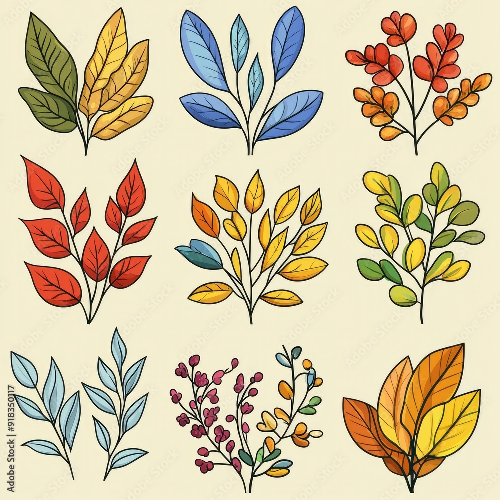 Colorful Hand Drawn Leaf and Branch Collection Colorful Hand Drawn Leaf and Branch Collection