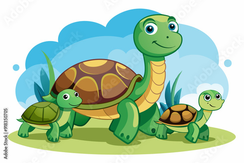 Three Cartoon Turtles Walking on Green Grass