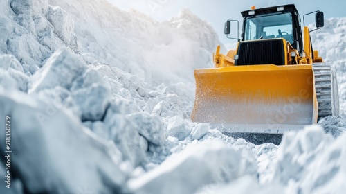 A robust yellow bulldozer working its way through a field of white stone, displaying its power and functionality in tough construction and industrial projects.