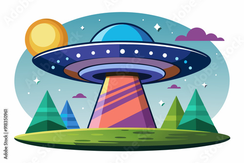 A cartoon UFO hovering over a green landscape with a sun and clouds