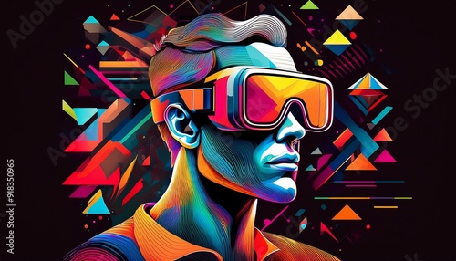 Generative AI illustration of abstract bright man in glasses on black background with colorful geometric shapes representing concept of virtual reality