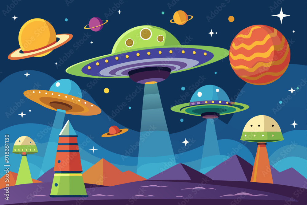 Obraz premium Flying Saucers Over a Fantasy Planet with Mountains and Stars