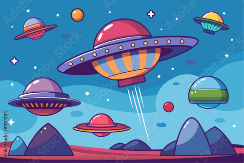Cartoon Flying Saucers Over a Red and Blue Landscape