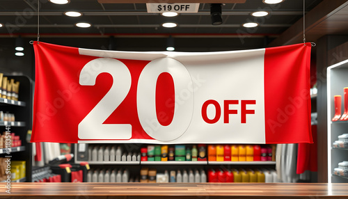 20% sale off red and white sign. Discount sale banner at cloth bar store isolated with white highlights, png photo