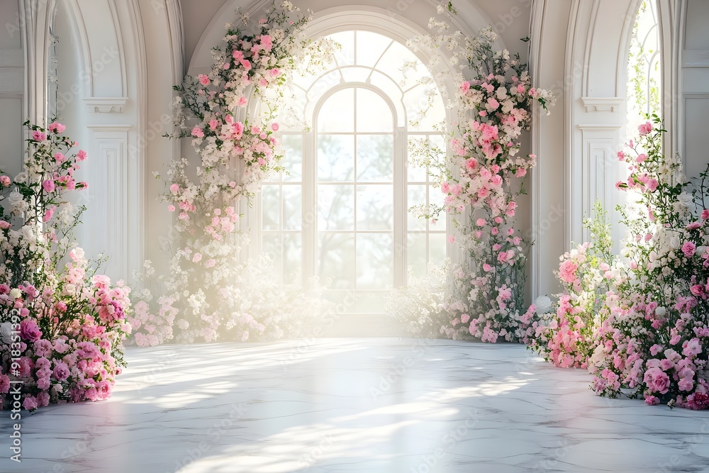 Background wedding luxurious white room with flowers and sunshine through the windown generate AI Background wedding luxurious white room with flowers and sunshine through the windown generate AI