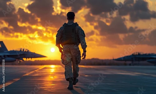 A fighter jet sits on the runway as the sun sets in the background creating a breathtaking scene Fighter pilot