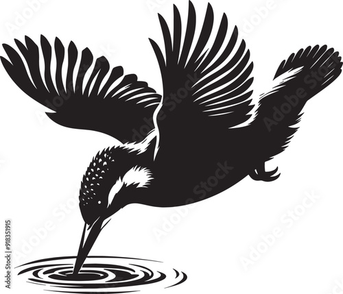 Print A vector silhouette of a kingfisher diving toward the water, with its wings tucked in and beak pointed down