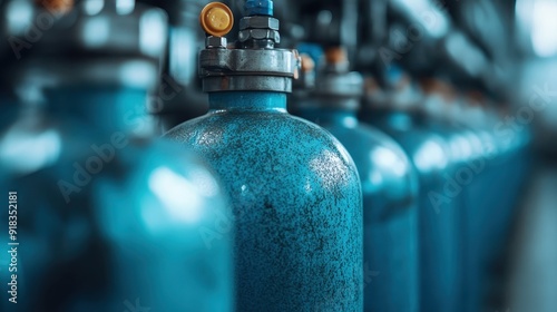 A focused perspective of blue gas cylinders aligned in an industrial storage facility, emphasizing the readiness, safety measures, and structured environment for operational needs.