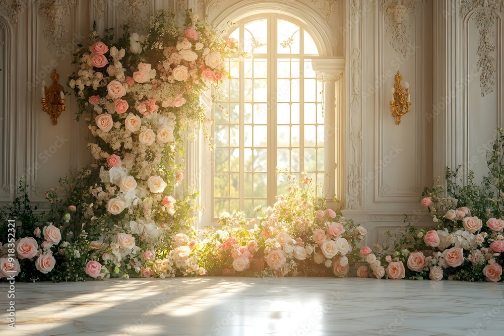 Background wedding luxurious white room with flowers and sunshine through the windown generate AI Background wedding luxurious white room with flowers and sunshine through the windown generate AI