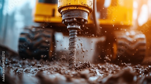 A close-up of a mud-splattered drill actively operating in a construction site, emphasizing the rough and rugged nature of heavy machinery and the intense work environment. photo