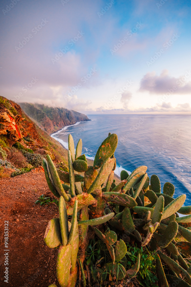 View of rough ocean with waves, volcanic beach, sunset over a huge cliff in Lighthouse Ponta do Pargo, Madeira, Portugal View of rough ocean with waves, volcanic beach, sunset over a huge cliff in Lighthouse Ponta do Pargo, Madeira, Portugal