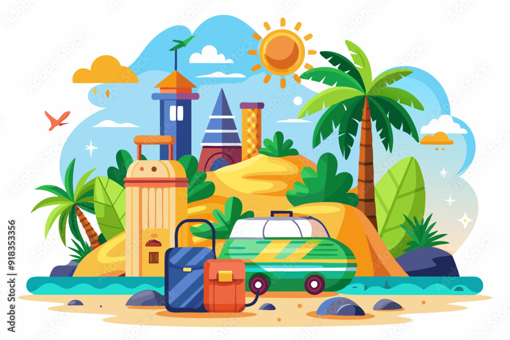 Obraz premium A Tropical Island Scene with Luggage and a Van