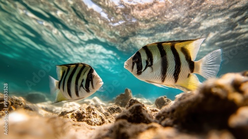 Two fish with black stripes swim together in clear water above a sandy bottom, illustrating the natural harmony and companionship between marine creatures in their environment.