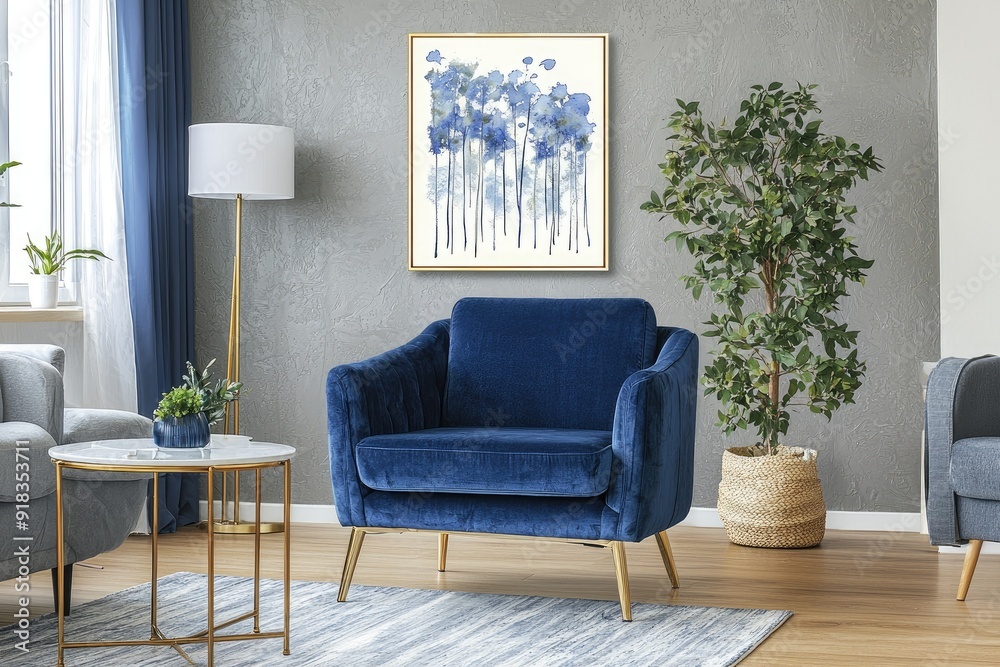 Cozy living room with a blue velvet chair, stylish decor, and a calming plant, perfect for relaxation and modern aesthetics. Cozy living room with a blue velvet chair, stylish decor, and a calming plant, perfect for relaxation and modern aesthetics.
