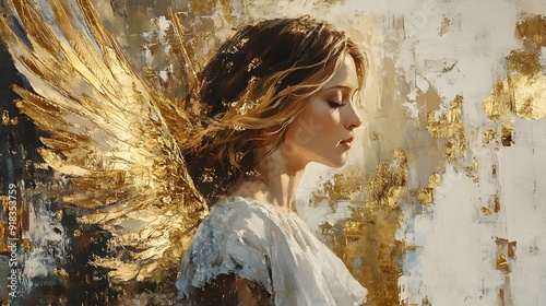 Fragile angel in Renaissance style, decorated with gold. Wall painting as if crumbling with time