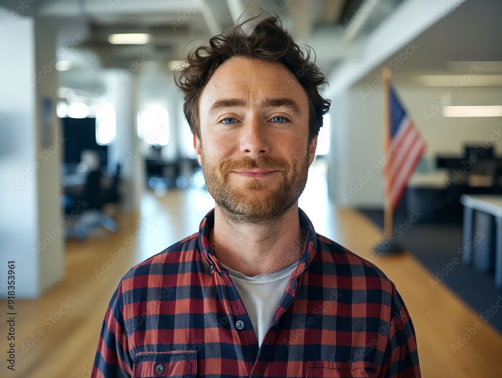 A man in a red and black plaid shirt standing in an office A man in a red and black plaid shirt standing in an office