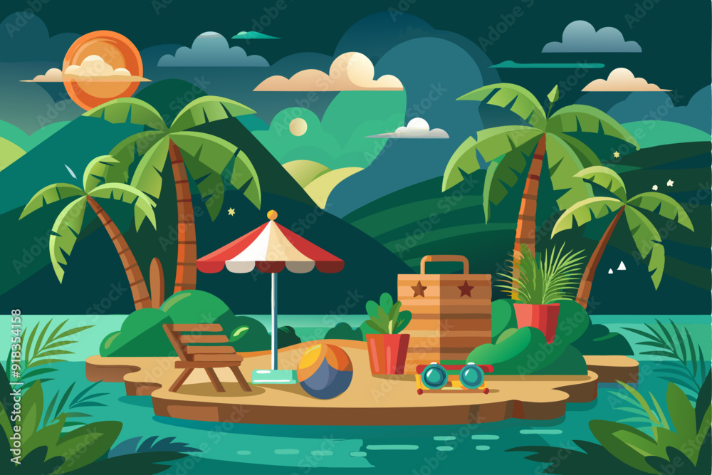 Obraz premium Tropical Beach Scene with Palm Trees, Umbrella, and Beach Accessories
