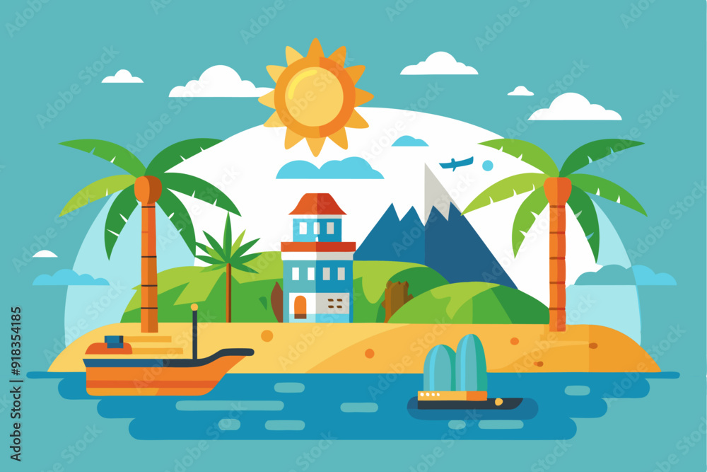 Obraz premium Tropical Island with Palm Trees, a House, and a Boat