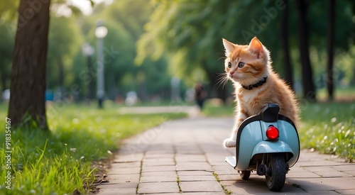 cute cat on a scooter, kitten's cute and playful scooter escapade photo