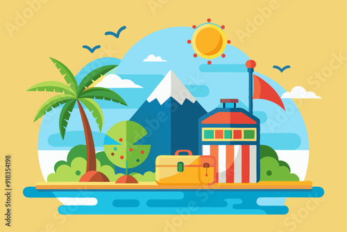 Tropical Island Scene with Palm Tree, Mountain, and Beach House