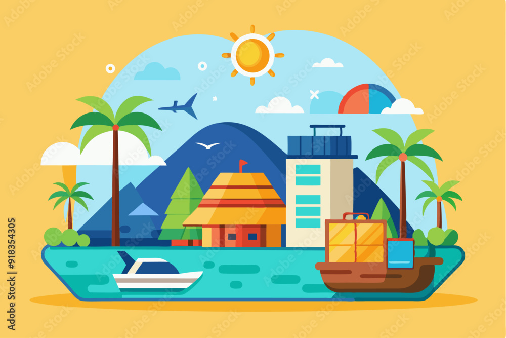 Obraz premium Tropical Island Vacation Destination with Boats and Buildings