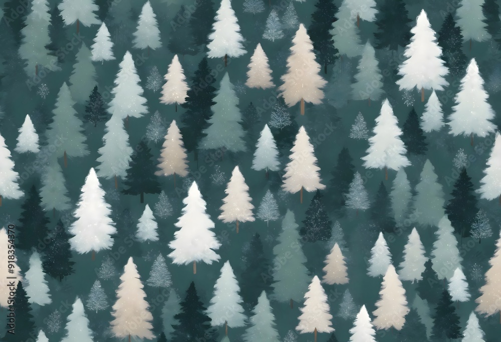 Fototapeta premium Seamless winter pine trees pattern with snowflakes on dark background, Christmas concept, winter background