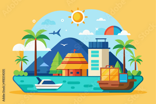 Tropical Island Vacation Destination with Boats and Buildings