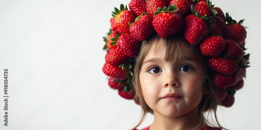 small girl with a hat made of gresh red strawberries small girl with a hat made of gresh red strawberries