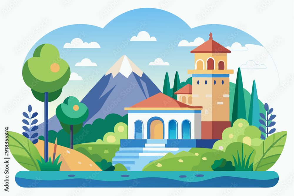 Naklejka premium A Colorful Building in a Picturesque Landscape with a Mountain