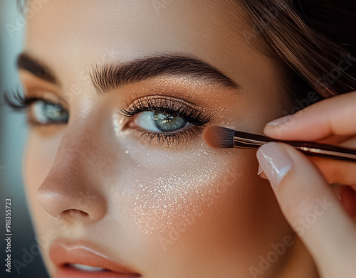 Makeup artist applies eye shadow with perfect evening makeup on model face.