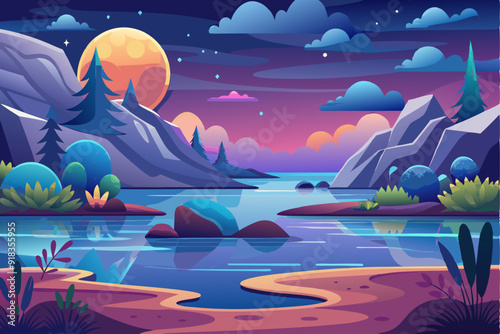 Nighttime Landscape with a Large Moon, Mountains, and a Lake