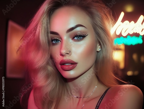 A woman with long blonde hair and blue eyes in front of a neon sign