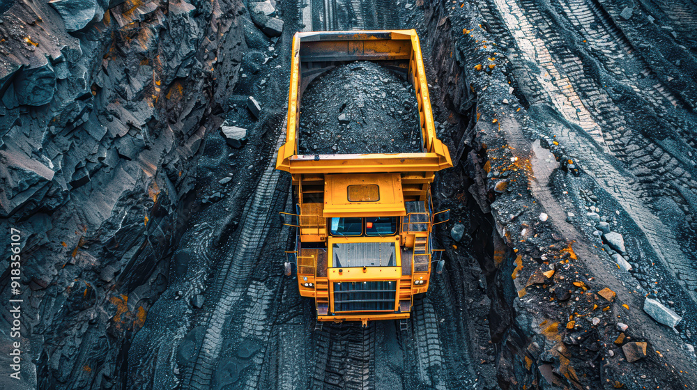 Massive Yellow Mining Truck in Action at Coal Mine - Industrial Scale Open Pit Operations Massive Yellow Mining Truck in Action at Coal Mine - Industrial Scale Open Pit Operations