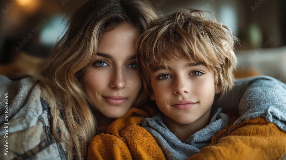 A woman and a boy wrapped up in blankets A woman and a boy wrapped up in blankets