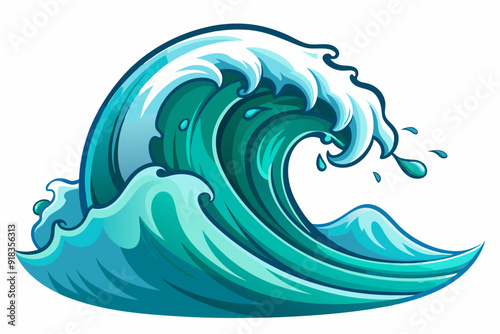 A cartoon illustration of a blue ocean wave breaking