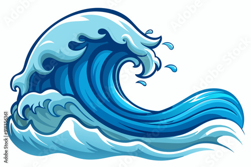 Cartoon Illustration of a Blue Ocean Wave Crashing