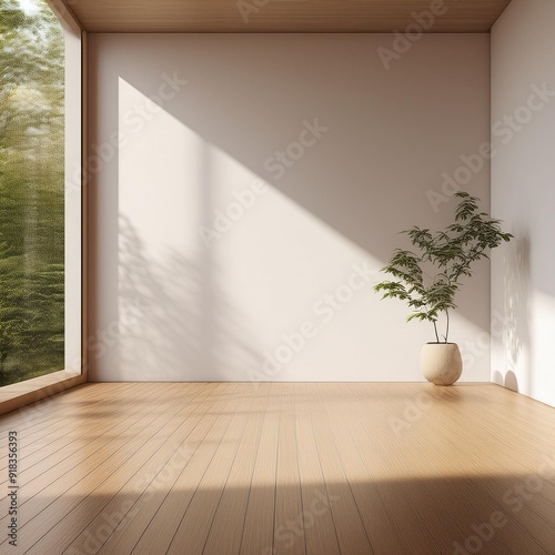 Mock-up of white empty room and wood laminate floor with sun light cast the shadow on the wall,Perspective of minimal inteior design on nature background. 3D rendering. photo