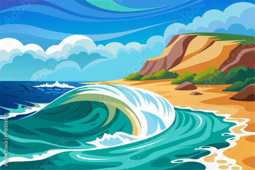 Breaking Wave Crashing on a Sandy Beach with a Cliff in the Background