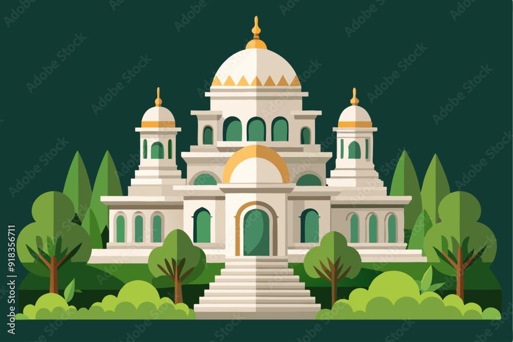 Fototapeta premium A white mosque with golden accents surrounded by green trees and bushes