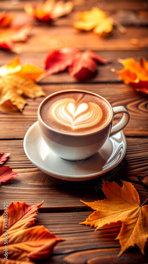 cup of coffee with latte art surrounded by autumn leaves on wooden table, vertical, Thanksgiving, Harvest Festival cup of coffee with latte art surrounded by autumn leaves on wooden table, vertical, Thanksgiving, Harvest Festival