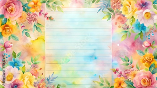 A Burst of Spring: Watercolor Notebook Paper with Floral Borders  generative AI