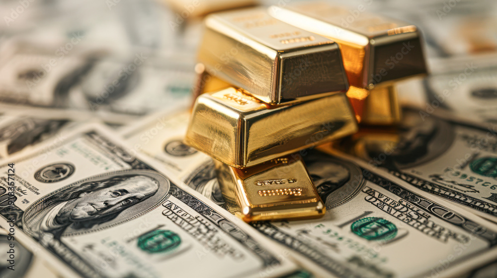 Financial Growth and Wealth Accumulation Concept Stack of Dollar Bills with Scattered Gold Bars Financial Growth and Wealth Accumulation Concept Stack of Dollar Bills with Scattered Gold Bars