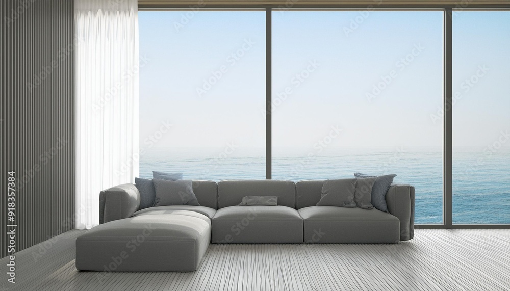 Perspective of modern luxury living room with grey sofa on sea view background, Minimal, Architecture idea of large window system. - 3D rendering. Perspective of modern luxury living room with grey sofa on sea view background, Minimal, Architecture idea of large window system. - 3D rendering.