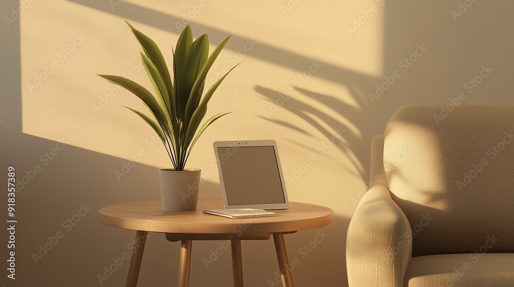 Cozy Corner Setup: Tablet, Plant, and Notebook with Beige Background and Soft Lighting Cozy Corner Setup: Tablet, Plant, and Notebook with Beige Background and Soft Lighting