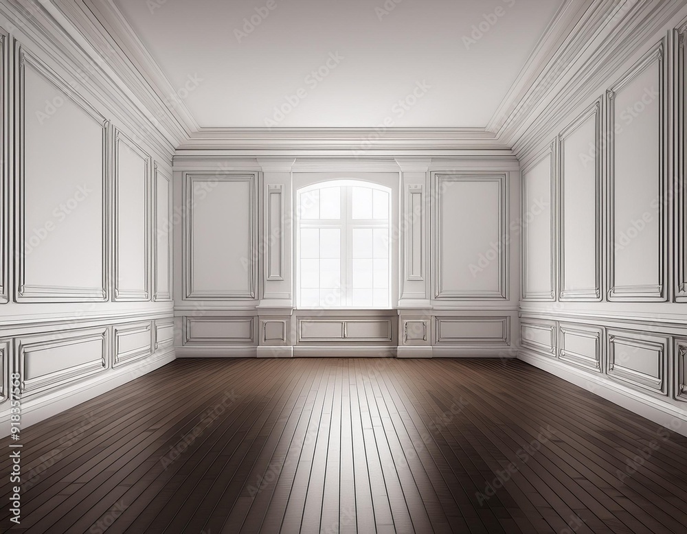 Fototapeta premium Perspective of white empty room and dark laminate floor,classic interior style.blank space architecture.3d rendering
