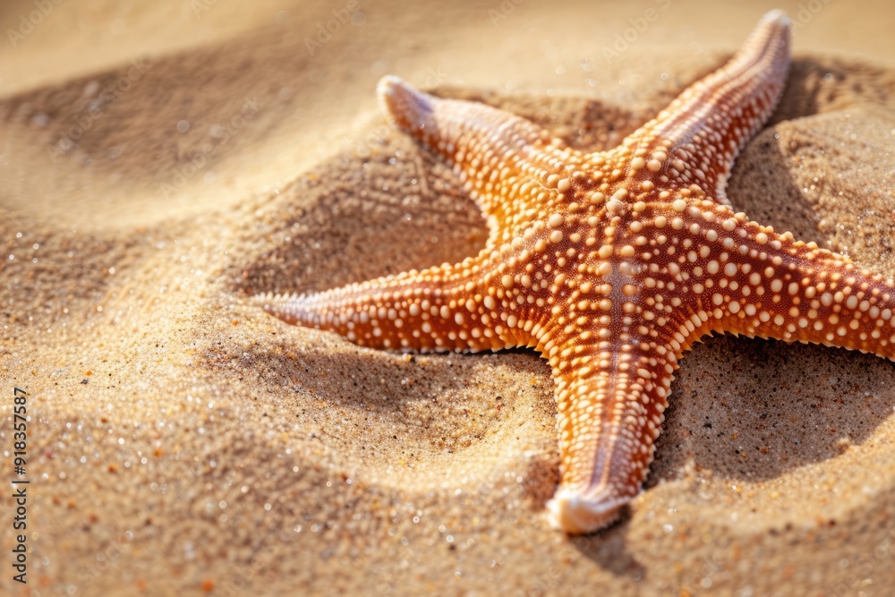 A detailed macro shot of a vibrant starfish resting on a sandy beach with delicate grains of sand visible, ample copy space on the left.Macro coastal fauna,coastal environment,marine life A detailed macro shot of a vibrant starfish resting on a sandy beach with delicate grains of sand visible, ample copy space on the left.Macro coastal fauna,coastal environment,marine life