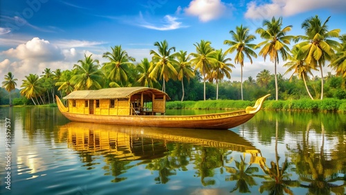 Golden Hues of Onam: A Traditional Rowboat on the Backwaters  generative AI