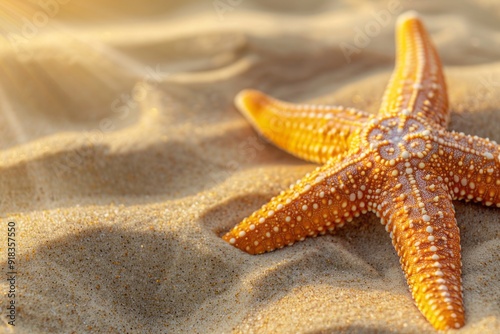 Macro coastal fauna,coastal environment,marine life,underwater habitatA detailed macro shot of a vibrant starfish resting on a sandy beach with delicate grains of sand visible, copy space on the left. photo